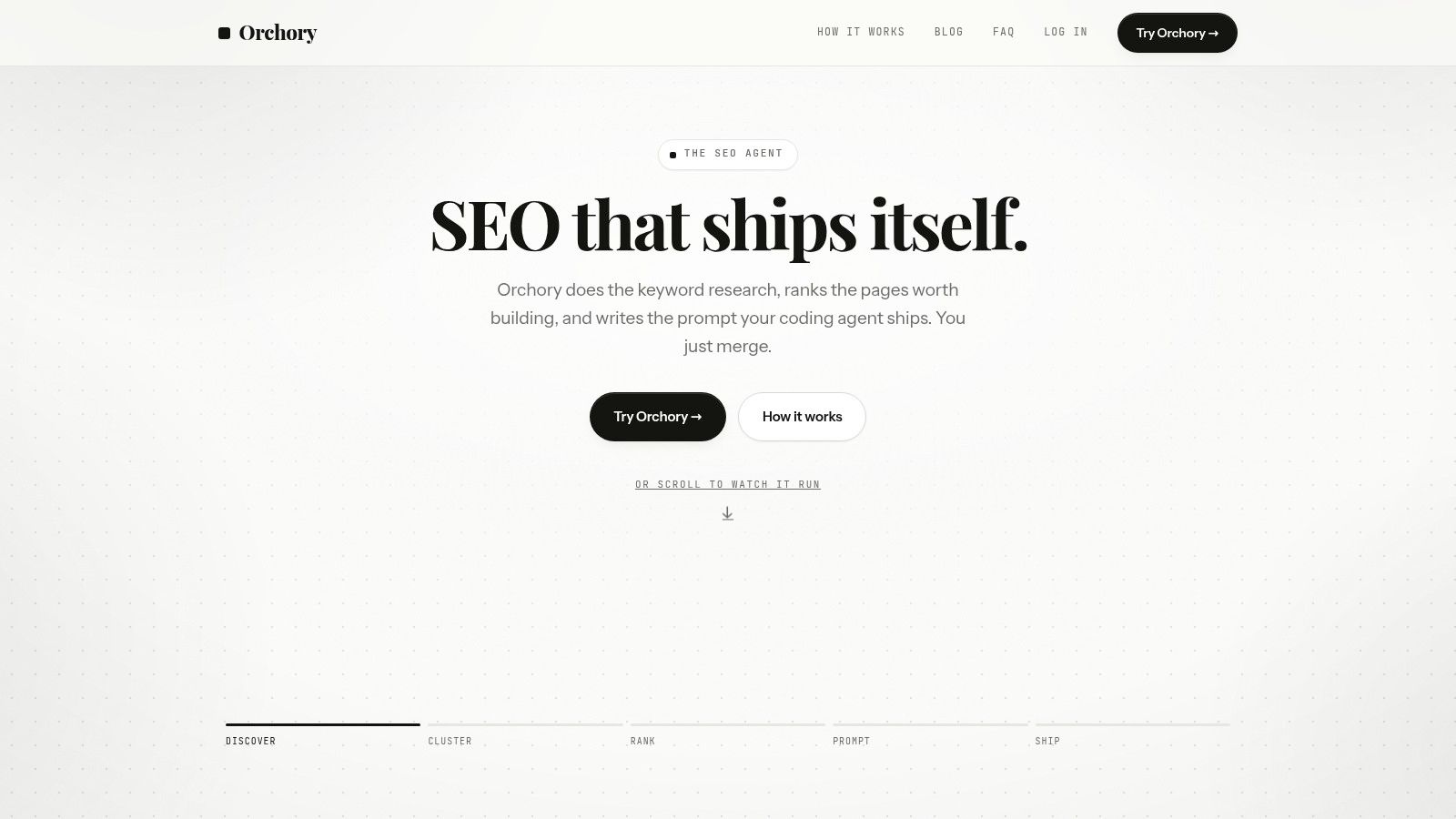 The Orchory planning view: keyword clusters scored into a prioritised queue of pages to build.